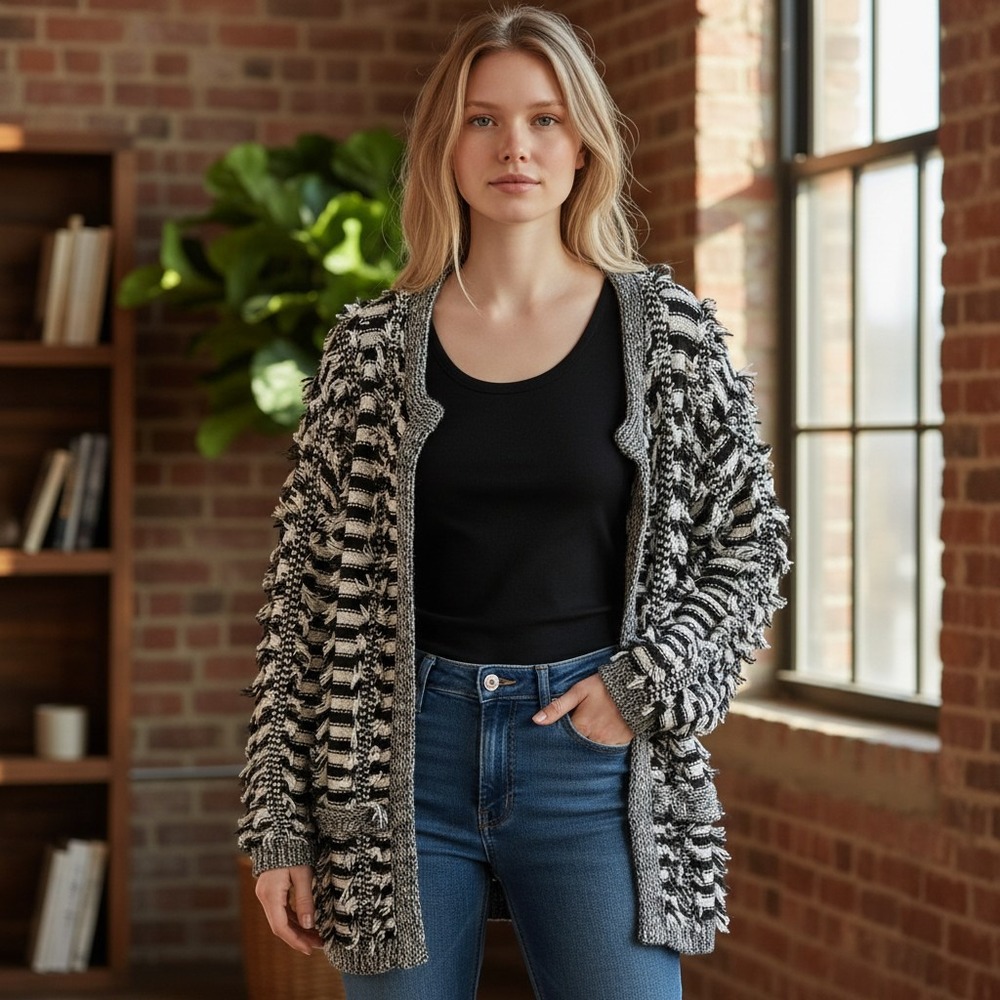 Endless Rose Black White Striped Fringe Open Front Cardigan Sweater M/L